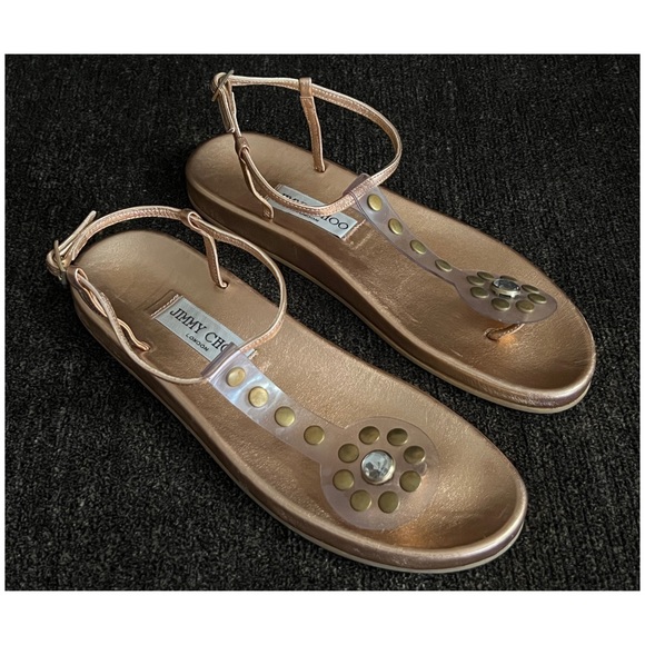 Jimmy Choo  Metallic Rose Gold  Thong Sandals with Rhinestone/Gold Studs Size 7 - Picture 5 of 13